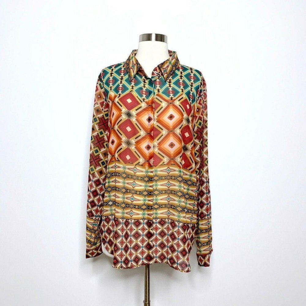 YEST Womens Size 12 Geometric Button Front Shirt Sheer NWT Collared Long Sleeve